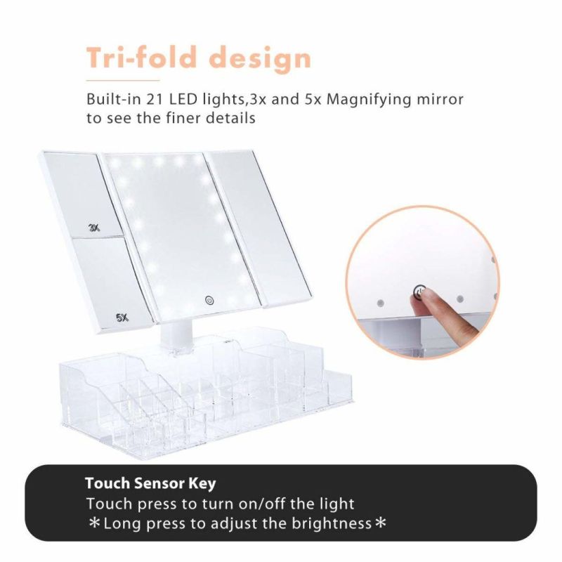 Trifold LED Cosmetic Mirror with Makeup Tools Acrylic Storage Organizer