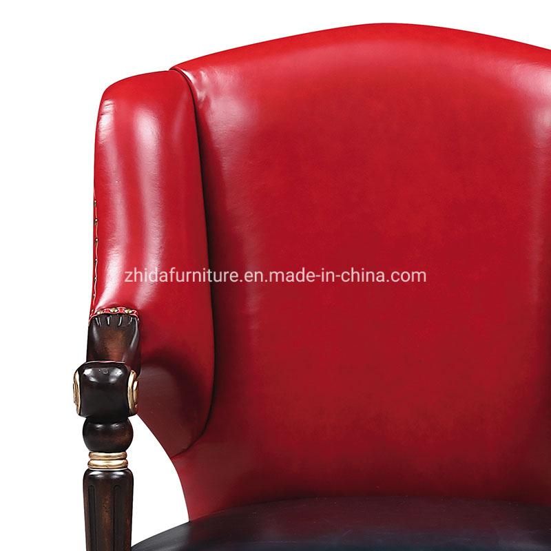 Genuine Leather Red Black Wooden Carved Armrest Chair