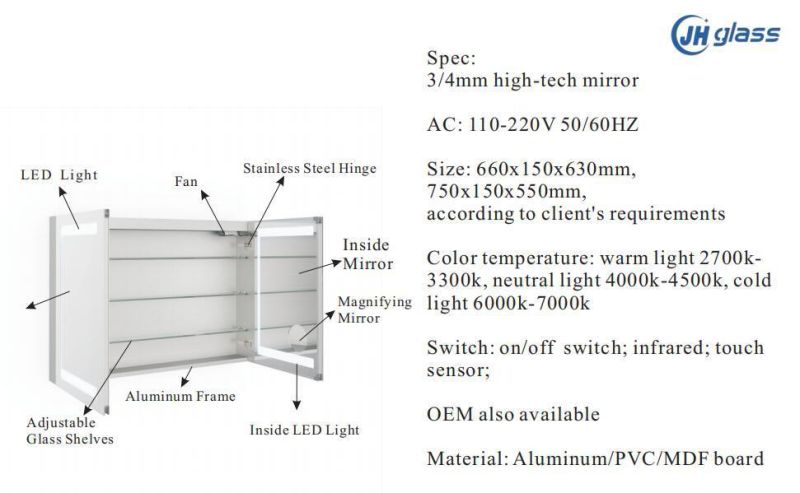 Bathroom MDF Board/Aluminum Frame LED Lighted Mirror Medicine Cabinet