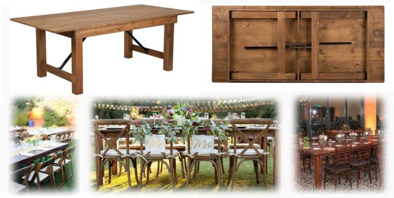 Modern Wedding Rental Garden Wood Vineyard Cross Back Dining Chair and Tables