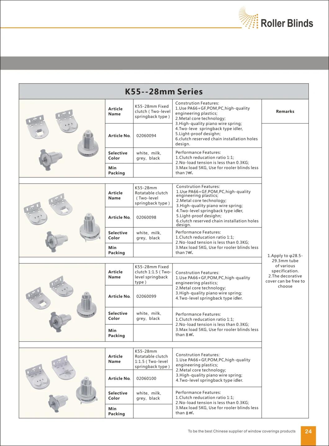 K55-28mm Rotatable Without Deceleration Clutch Roller Blinds Components, for Window Blinds