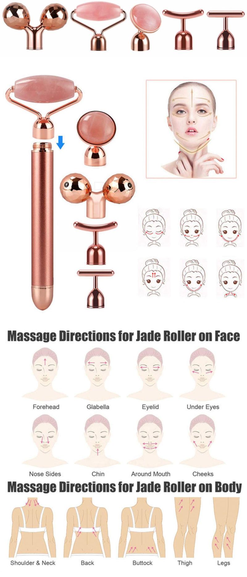 Factory Wholesale Beauty Skincare Facial Massage Tools 24K Gold Beauty Bar Vibrating Rose Quartz Electric Face Jade Roller