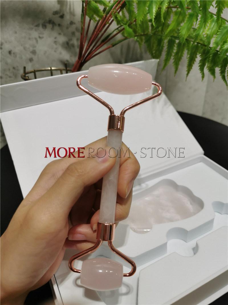 Wholesale Flawless Contour Natural Crystal Rose Quartz Facial Massager Roller with Guasha