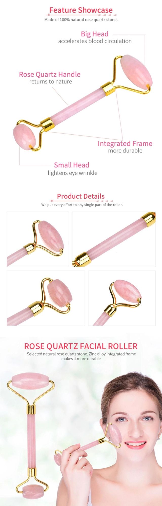 Private Label Anti Aging Face Lift Massage Guasha Rose Quartz Jade Face Roller with Gua Sha Board