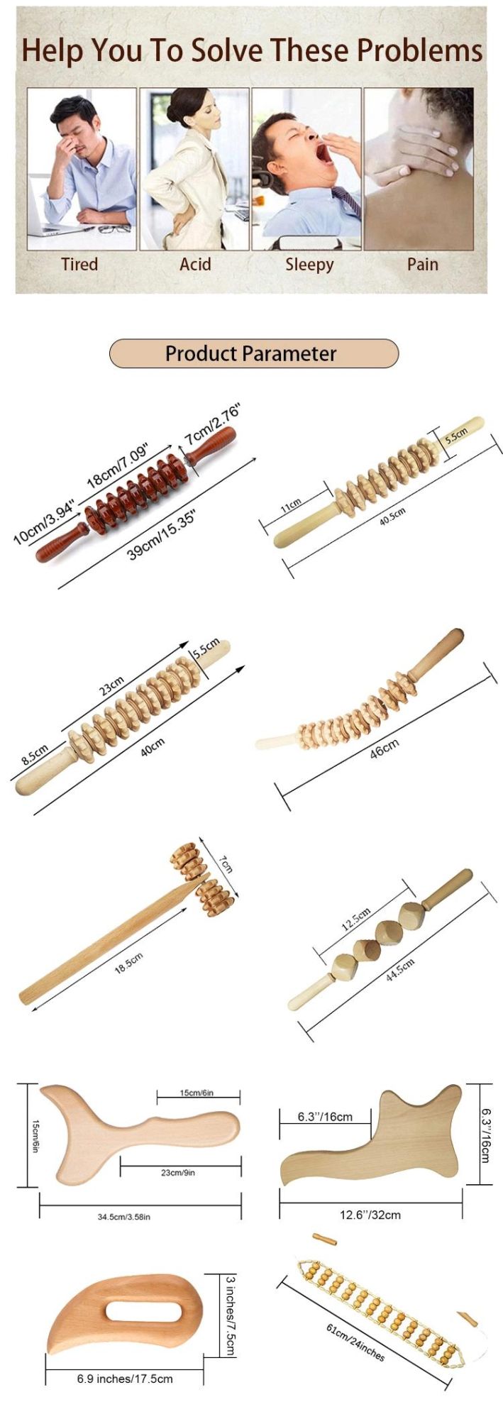 Hot Sale Wood Therapy Massage Tools Set Handheld Wooden Massage Roller Guasha Board Set