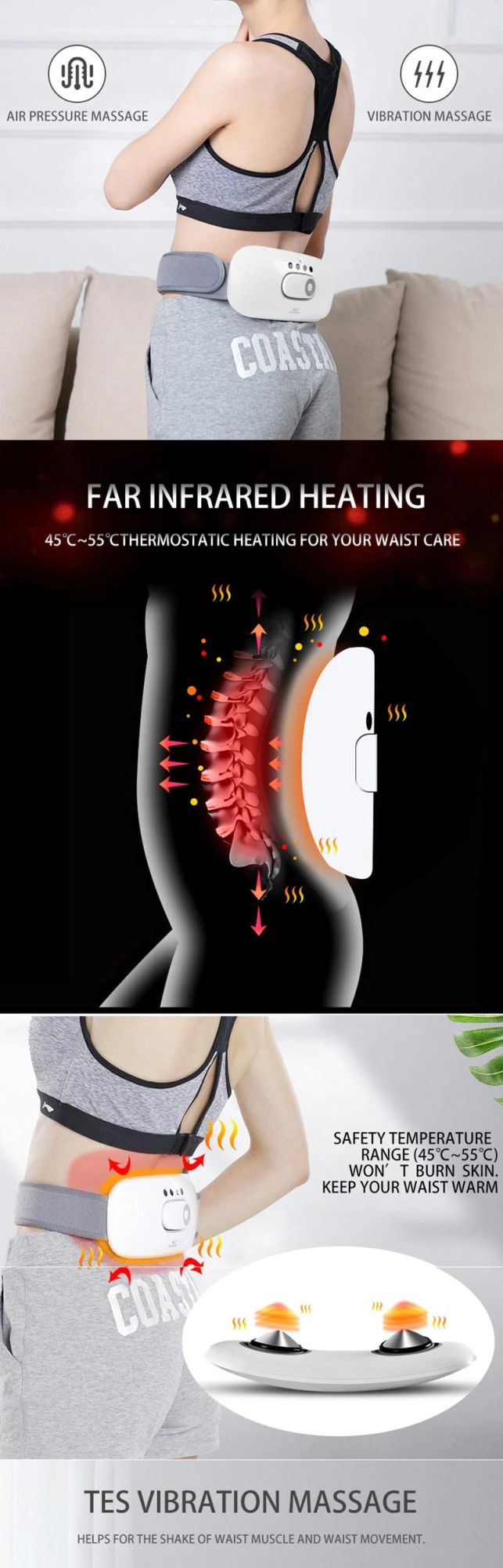 Electric Heating Back Lady Uterus Menstrual Stomachache Pain 6 Modes Hot Compress Waist Massager