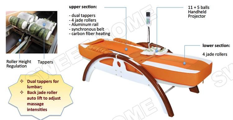 Electric Far Infrared Thermal Dual Tapper Massage Bed Automatic Jade Wooden Luxury Massage Table with Roller Height Regulation