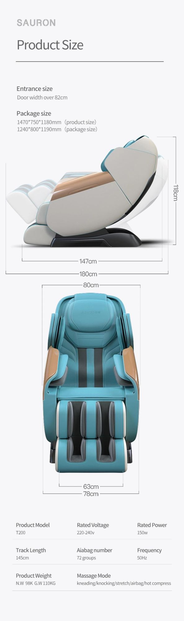 Sauron T200 Factory Direct Sales 3D 4D SL Full Body Back Massager Product Massage Chair