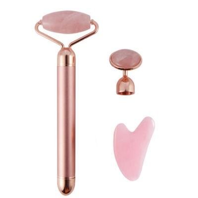 Factory Sale 2 in 1pink Rose Quartz 24K Face Massage Gold Metal Vibration Electric Jade Roller