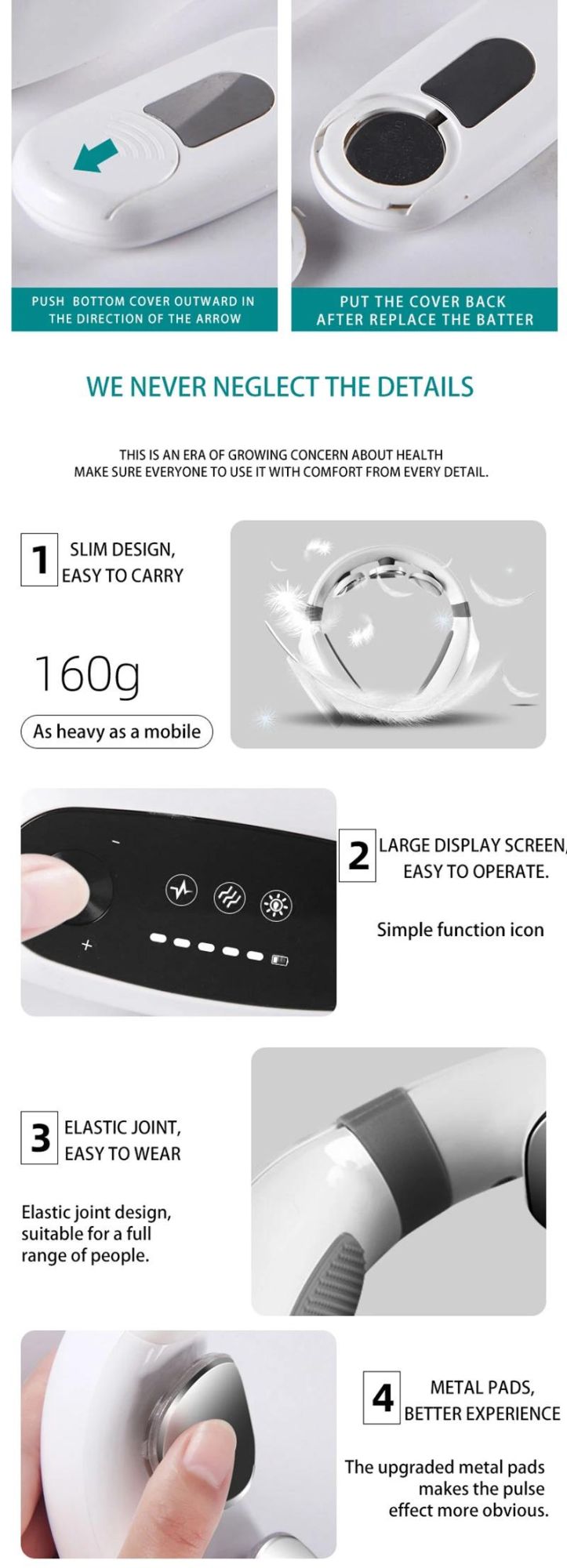 Hezheng Neck Massager U Shape Smart Automatic Modes Wireless Cervical Neck Kneading Massager Electric Pulse Neck Massager