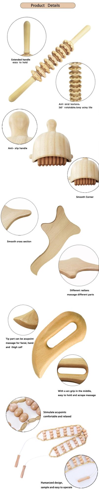 Hot Sale Wood Therapy Massage Tools Set Handheld Wooden Massage Roller Guasha Board Set
