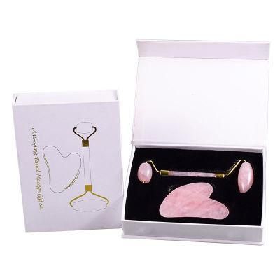 Natural Rose Quartz Guasha Set Pink Jade Roller and Heart Shaped Guasha Board with Box