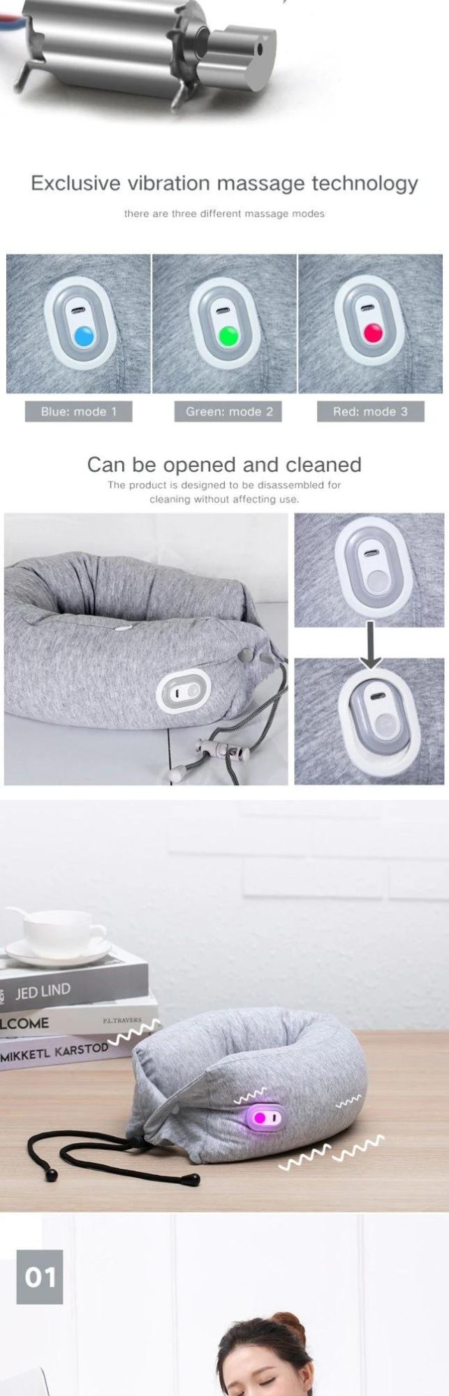 U-Type Pillow Portable Nap Neck Protection Pillow, Travelling Pillow with Massage