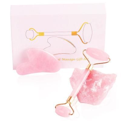 Natural Rose Quartz Jade Roller and Heart Shape Guasha Board Set with Box