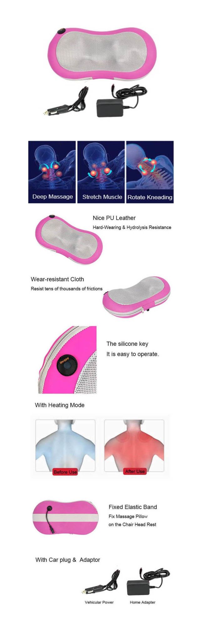 New Design Car Home Shiastu Vibrating Heating Rechargeable Electric Back Massager Pillow with Heat