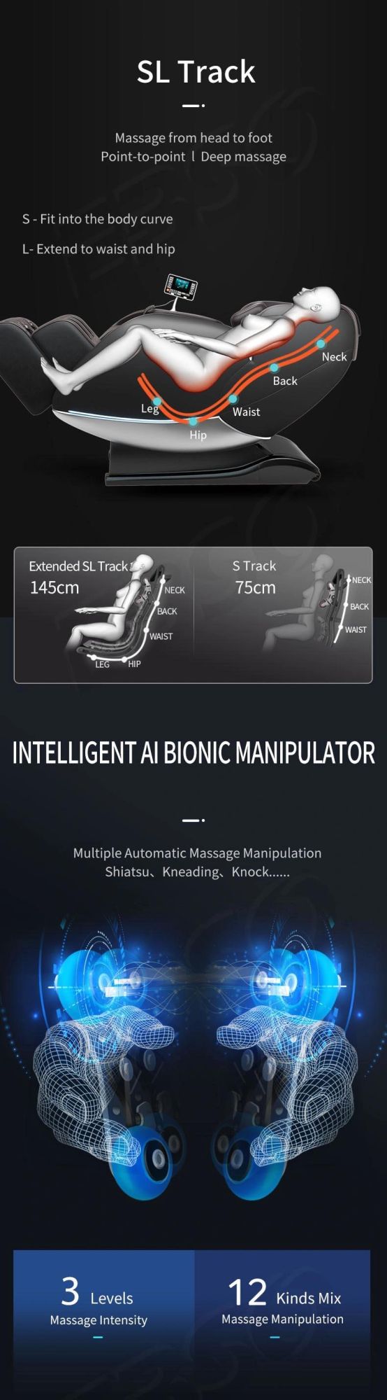 Luxury Modern Full Body 3D Robot Hand Electric Ai Smart Recliner SL Track Zero Gravity Shiatsu 4D Massage Chair for Home Office