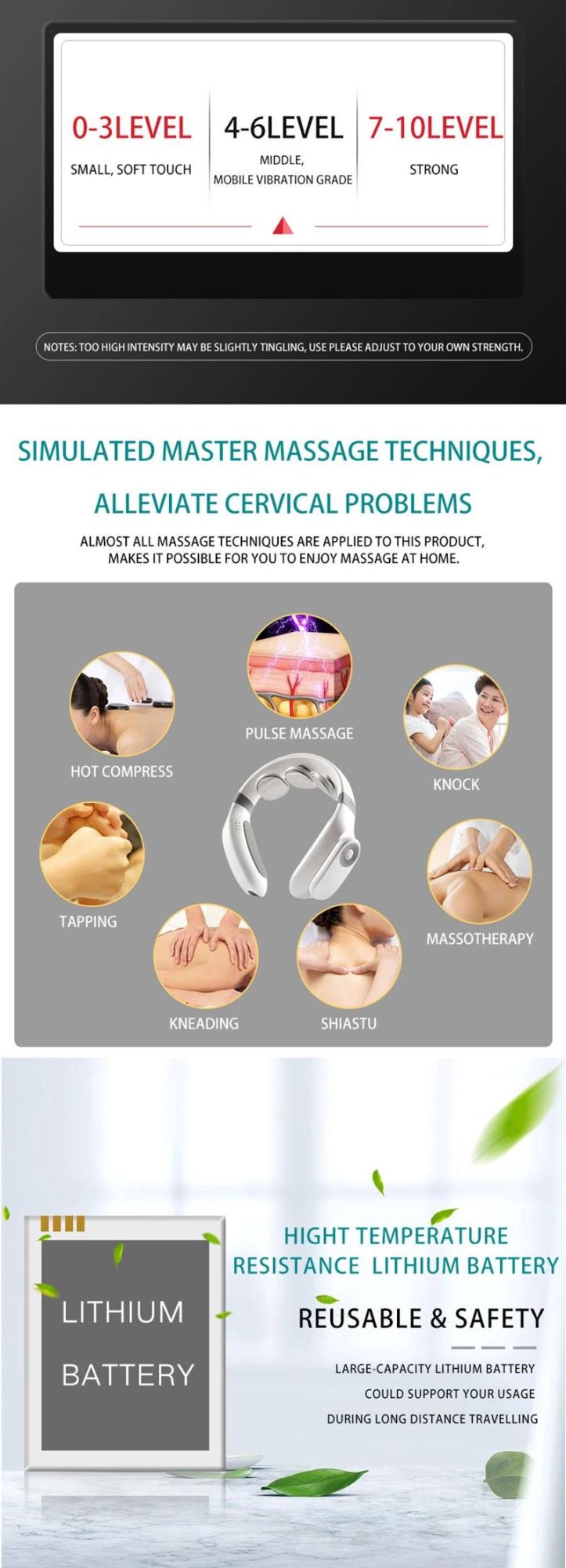Hezheng Neck Massager U Shape Smart Automatic Modes Wireless Cervical Neck Kneading Massager Electric Pulse Neck Massager