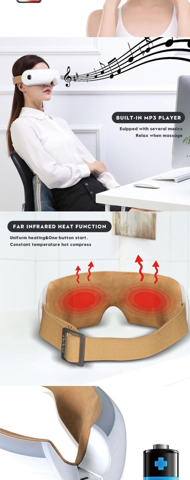 Wireless Eye Massager, Eye Mask 5 Working Modes with Heating, Vibration and Air Pressure Temple Massager Headache Therapy Mask