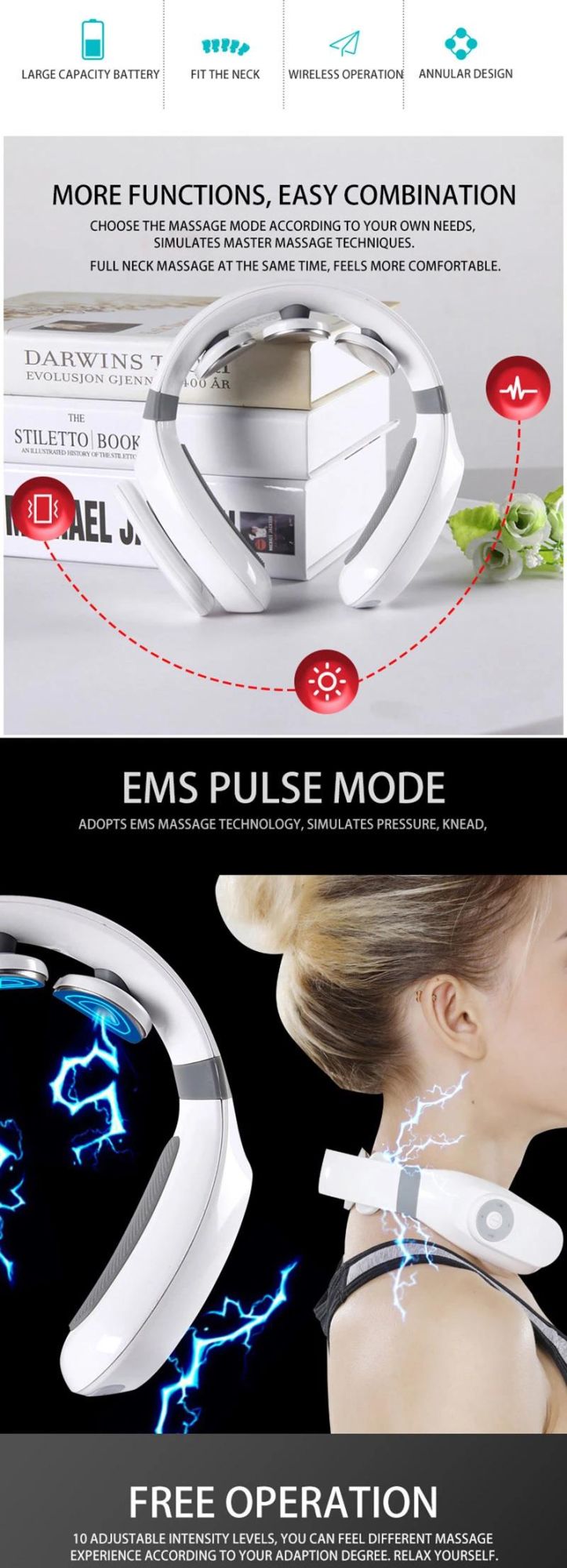Hezheng Neck Massager U Shape Smart Automatic Modes Wireless Cervical Neck Kneading Massager Electric Pulse Neck Massager