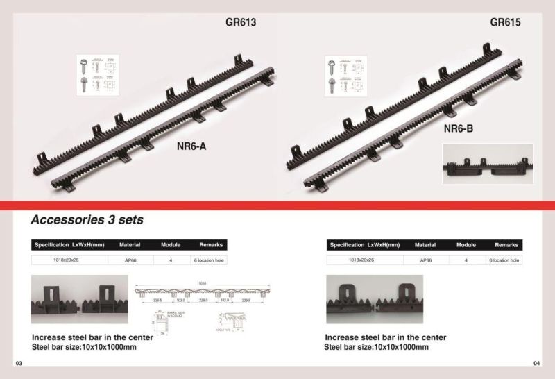 Nr6-a Nr6-C Nr-4 Gr618 Linear Motion Nylon Gear Rack for Sliding Gate Operator 20 Feet