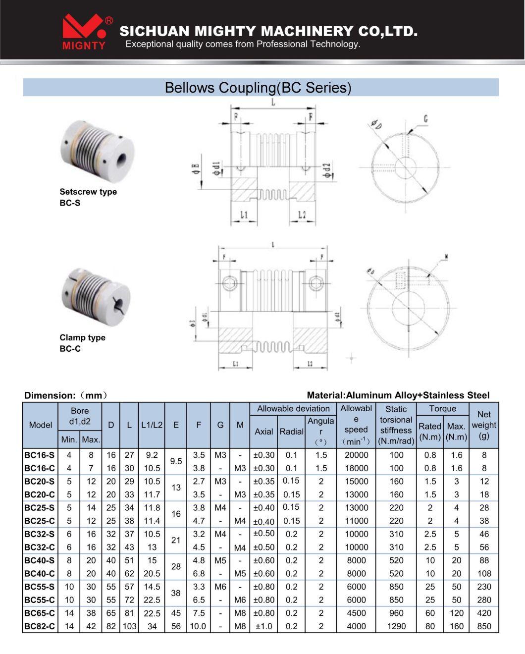 Metal Bellows Coupling Spring Coupling Setscrew or Clamping Type for Motor Connector