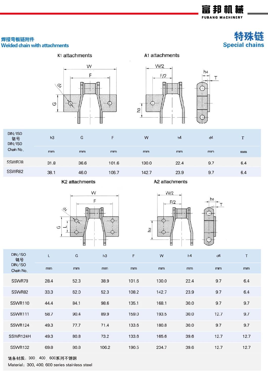 Custom Stainless Steel Roller Chain Transmission Conveyor Chain Welded Chain with Attachment