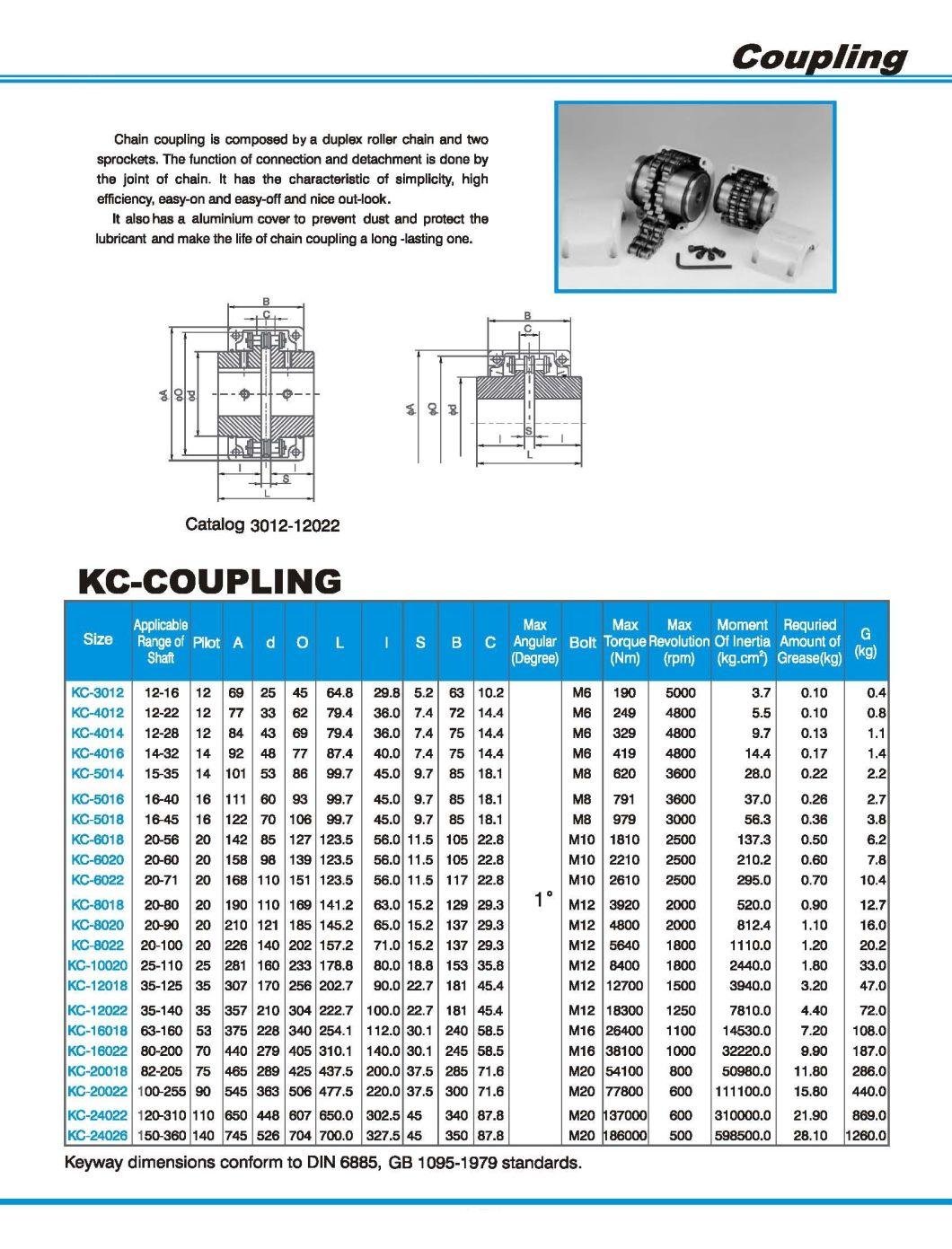 Steel Kc4016 5016 5018 6018 6022 8020 8022 12018 Sprocket Roller Chain Shaft Coupling