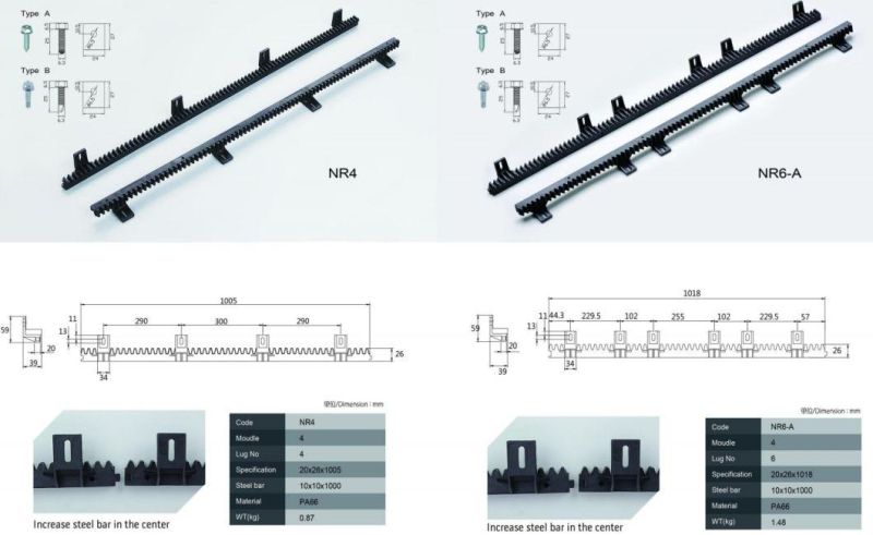 M4 20*26*1005 PA66 Sliding Door Nylon Gear Rack with 6 Lug