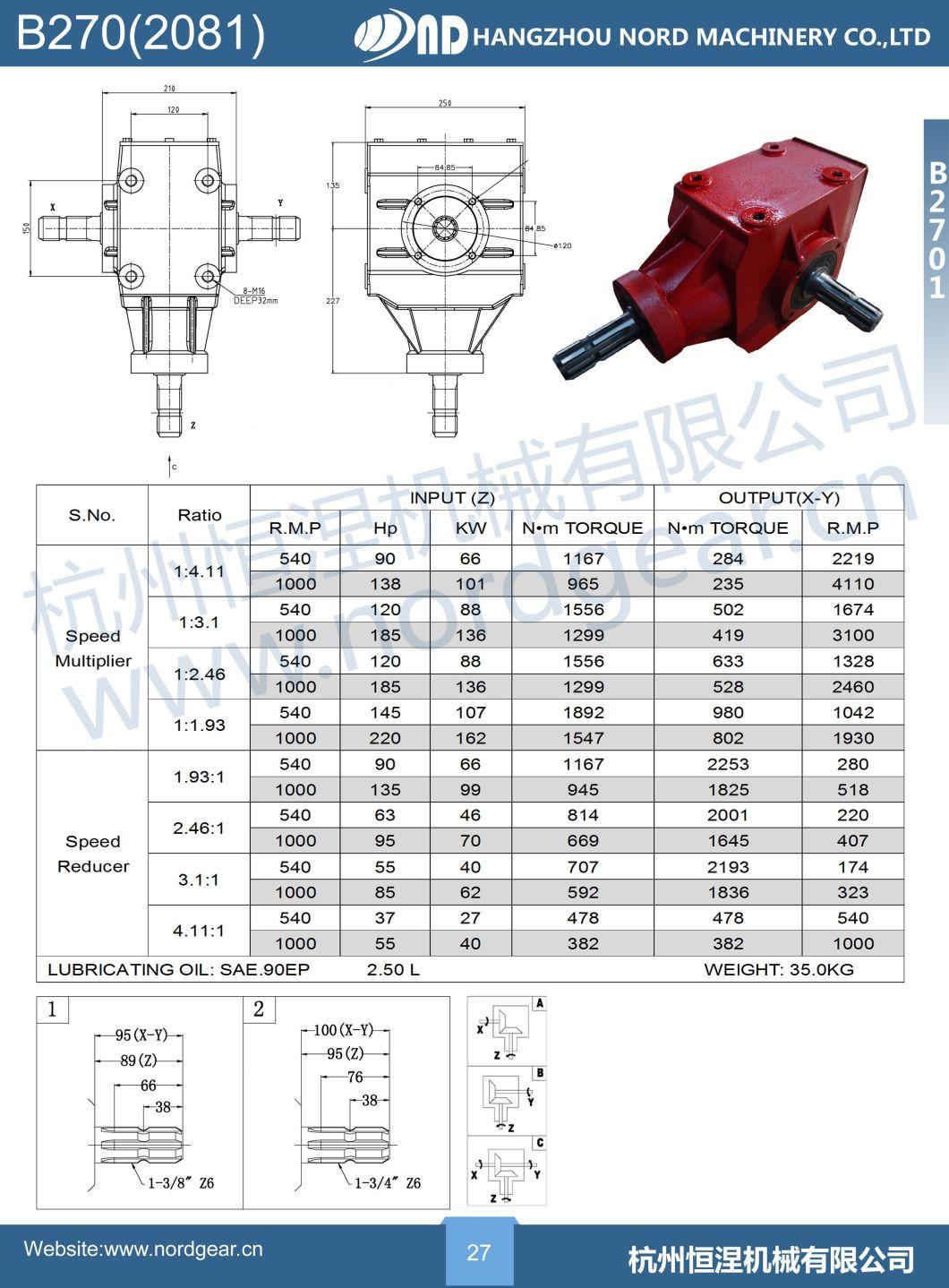 ND High Output Right Angle Spiral Bevel Transmission Gear Box for Cultivators Tiller (B270)