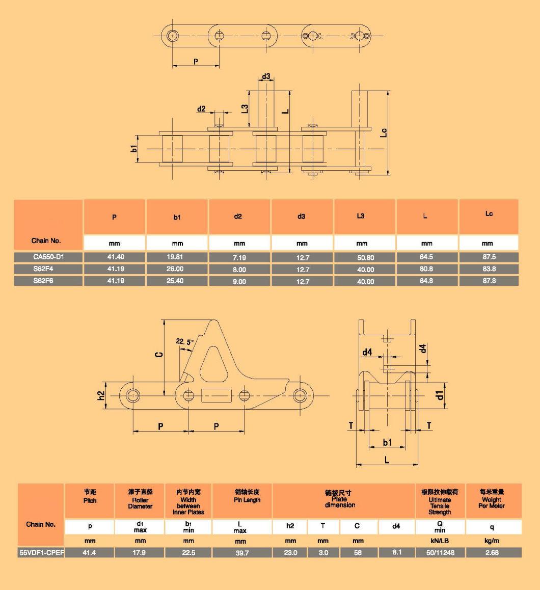 S55vdf1-Cpef-2L, S55V, S55vd, S55h, Ca550V, P41.3 Agricultural Conveyor Chain and Chain Sprocket