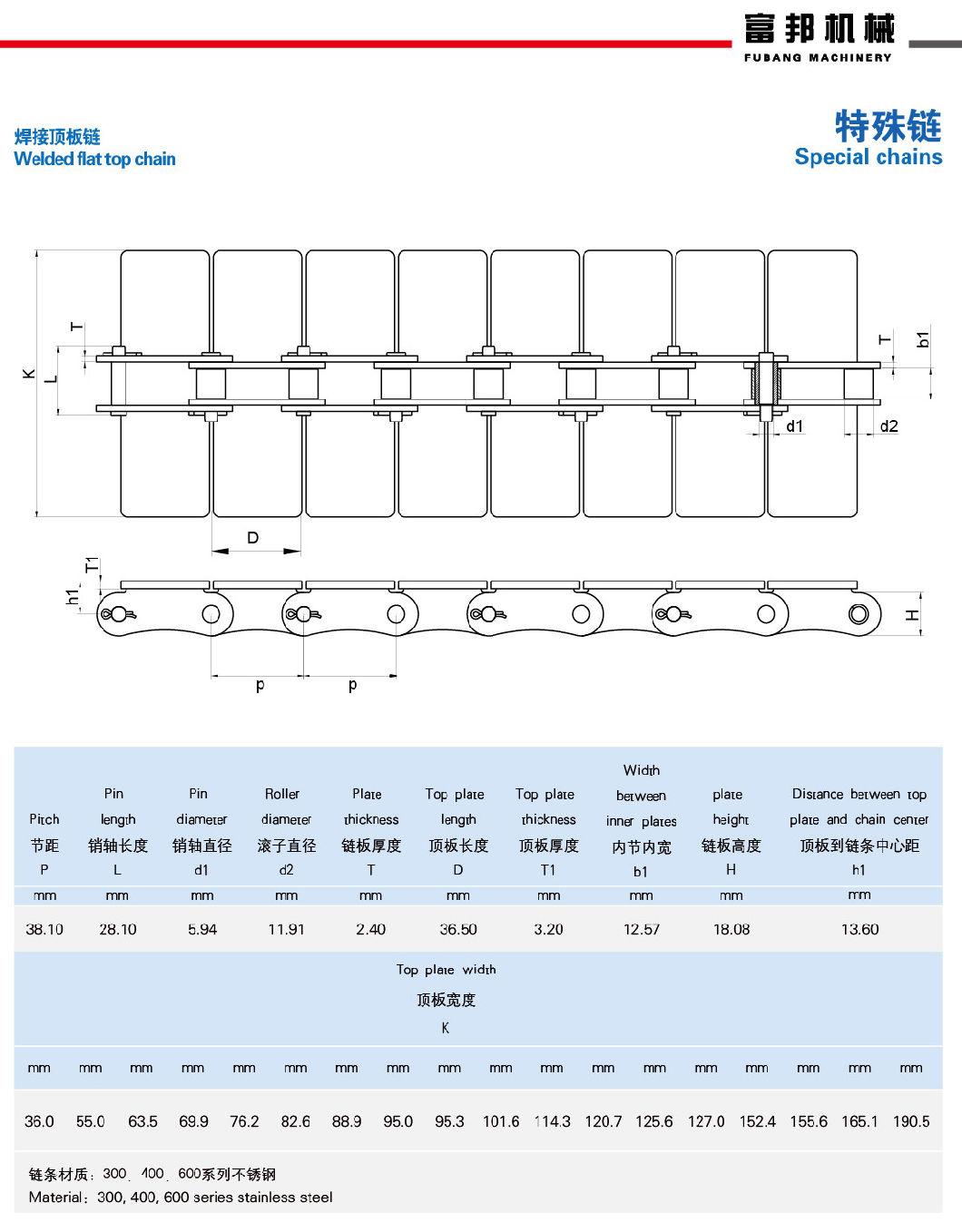 High Quality Stainless Steel Welded Flat Top Chain Straight Plates Transmission Roller Chain