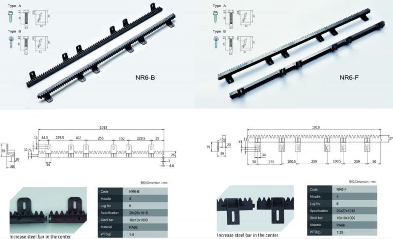 M4 20*26*1005 PA66 Sliding Door Nylon Gear Rack with 6 Lug