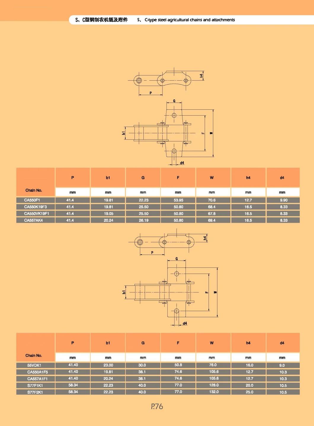 Ca557-Fk1 Agricultural Machinery Roller Chain with Ca557A1f1, Ca557f1, Ca557f4, Ca557f3, Ca5507f7,