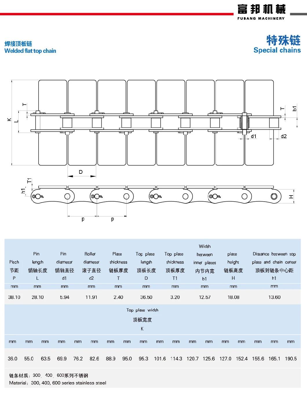 Anti-Corrosion Stainless Steel SUS304 Conveyor Welded Flat Top Transmission Roller Chain