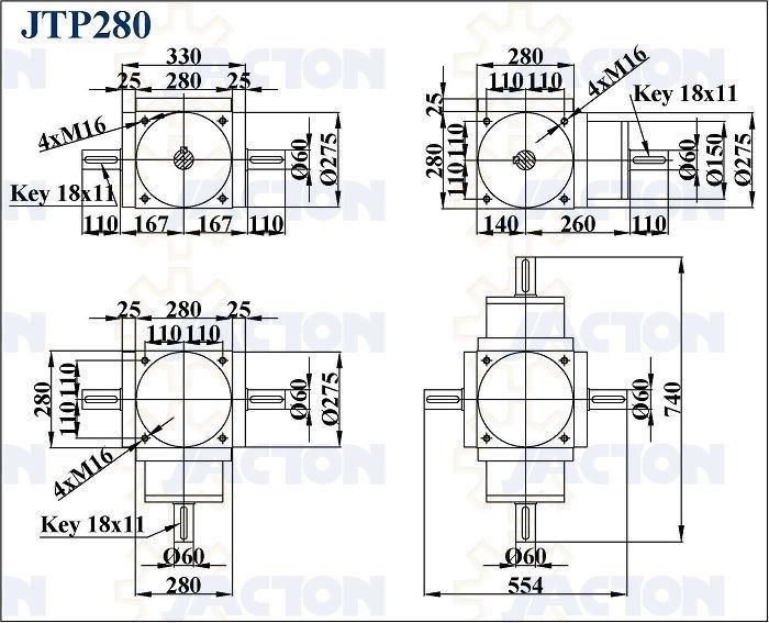 High Precision Jtp280 Spiral Bevel Precision Gearbox 60mm Drive Shaft