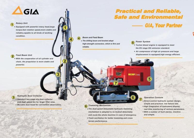 Cummins Diesel Power 154kw Rock Drill Machine Gia B3 Drilling Rig with Screw Air Compressor