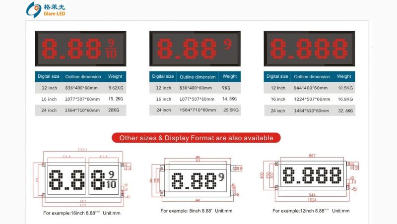 16 Inch 7 Segment Red Gas Station Price Signs with IP65 Waterproof Cabinet and One Control Box, MW Power Supply, Remote Control Glare-LED