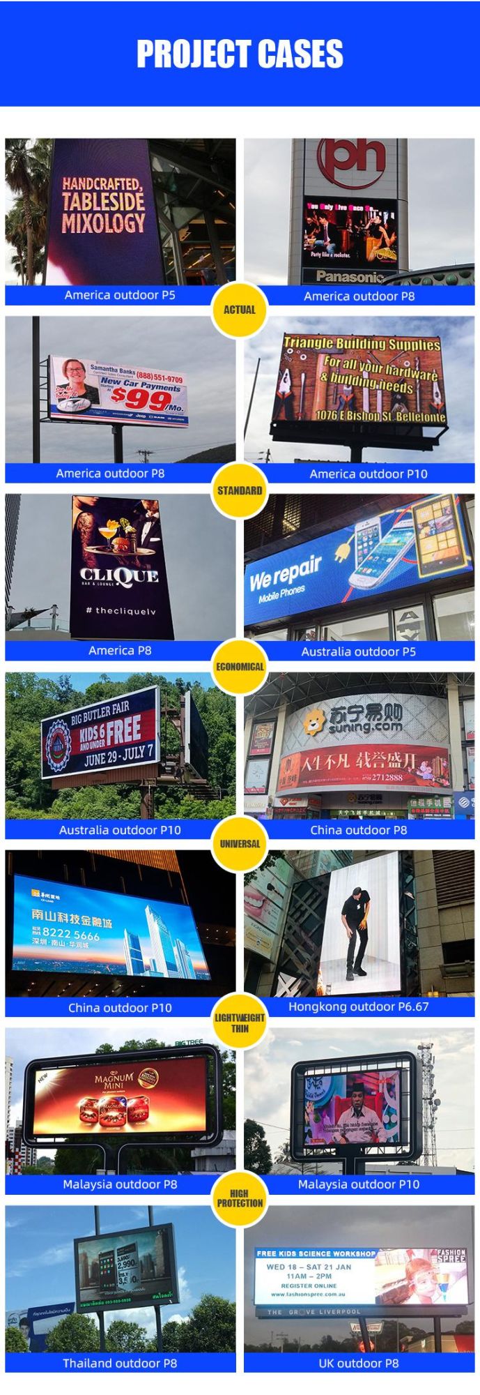 Factory Hotsale Outdoor P2.5/ P3.076 / P5 / P6.667 / P8 / P10 Full Color Commercial Advertising Front Service Wall Mounted Video Wall LED Billbaord Panel