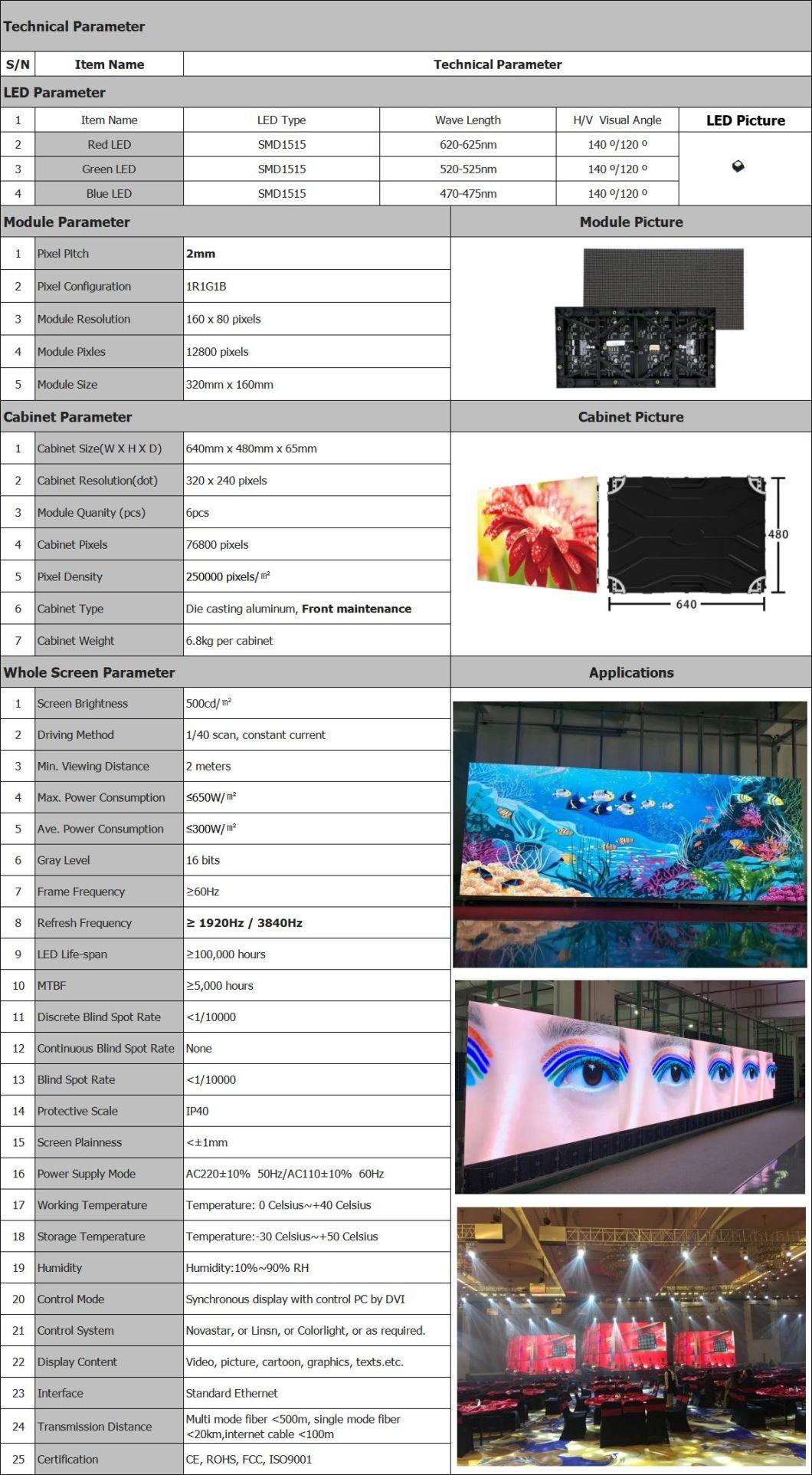 P2.0 Indoor Full Color Video Display LED Screen (3840Hz refresh)