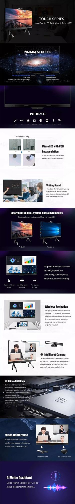 110-220 Inch Windows System Durable Touch All in One COB Touchable LED TV Wall Display Screen for Smart Video Conference