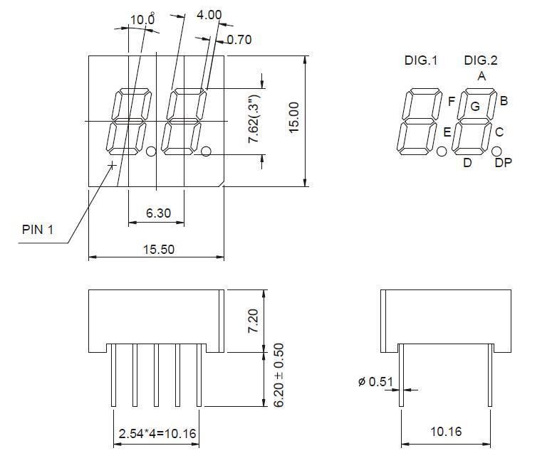 0.3 Inch 2 Digit 7 Segment LED Display with Seven Segment and Dp