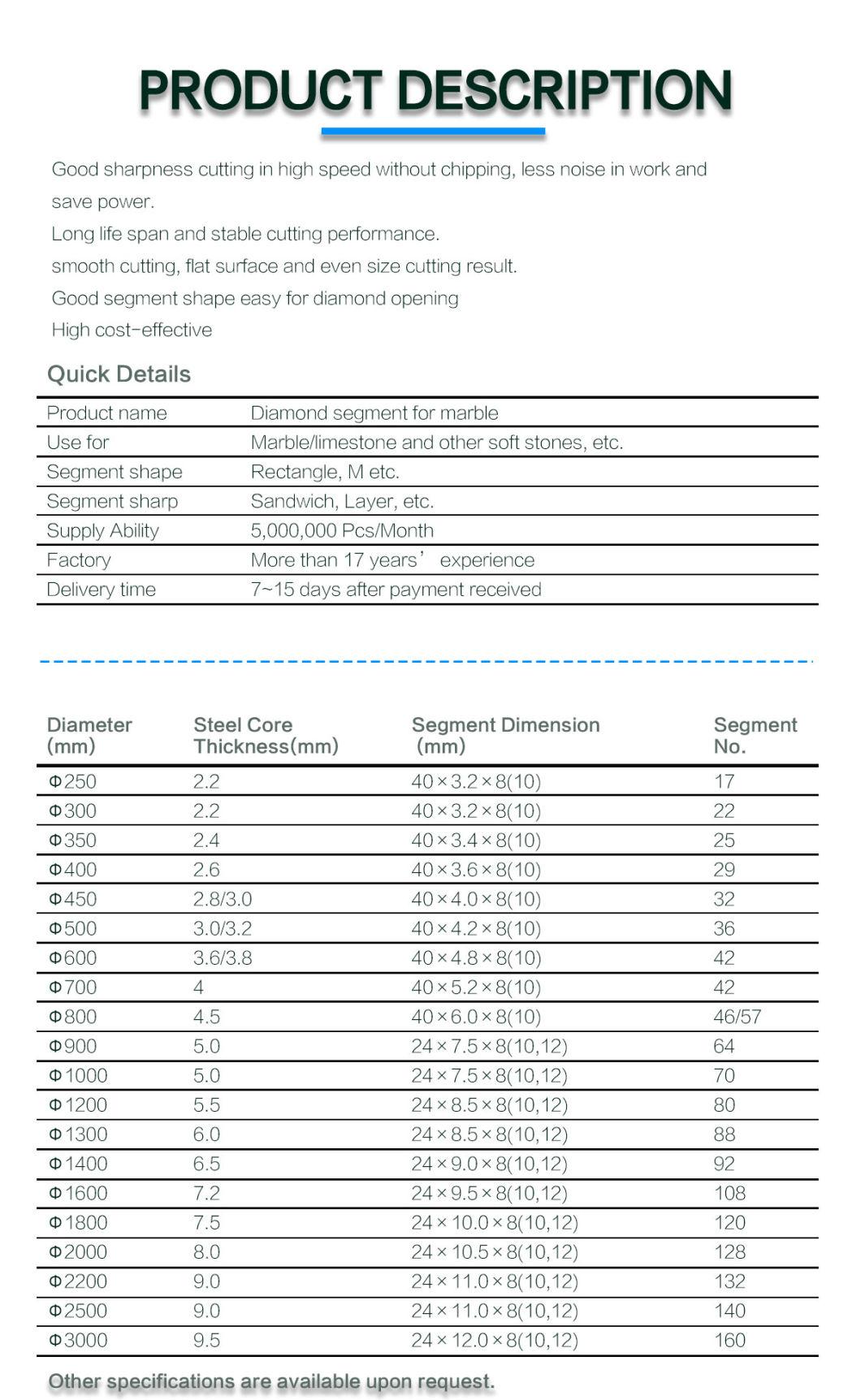 Limestone Dimaond Segment for 1.2 Meter Single Cutter Hard Limestone Cutting Segment