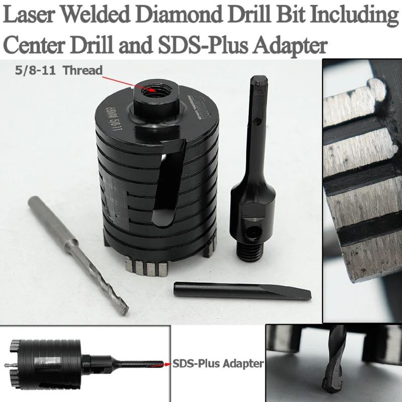 Laser Welded Diamond Core Drill Bit Including Center Drill and Hex Adapter