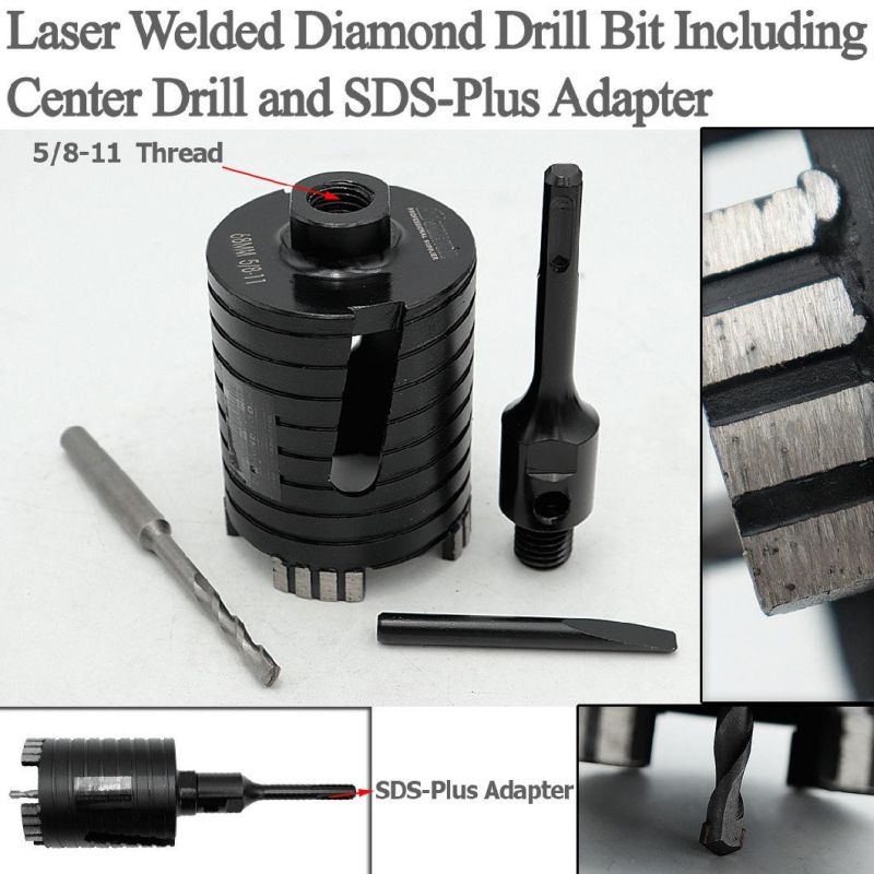 5/8-11-68/82mm Laser Welded Diamond Core Drill Bit Including Center Drill and SDS-Plus or Hex Adapter