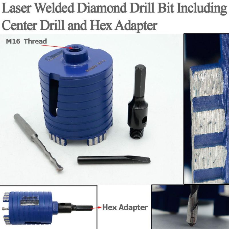 5/8-11-68/82mm Laser Welded Diamond Core Drill Bit Including Center Drill and SDS-Plus or Hex Adapter