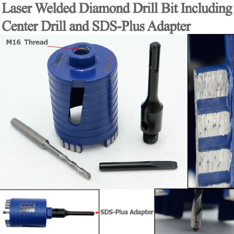 5/8-11-68/82mm Laser Welded Diamond Core Drill Bit Including Center Drill and SDS-Plus or Hex Adapter