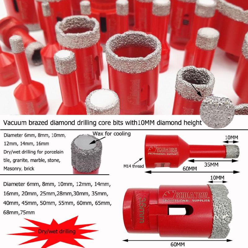 Shdiatool 60mm Vacuum Brazed Diamond Drilling Core Bits With10mm Diamond Height M14 Thread Drill Bits for Granite Marble Ceramic
