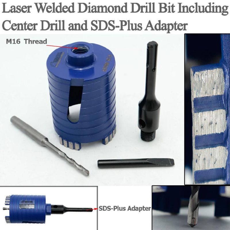 Laser Welded Diamond Core Drill Bit Including Center Drill and Hex Adapter