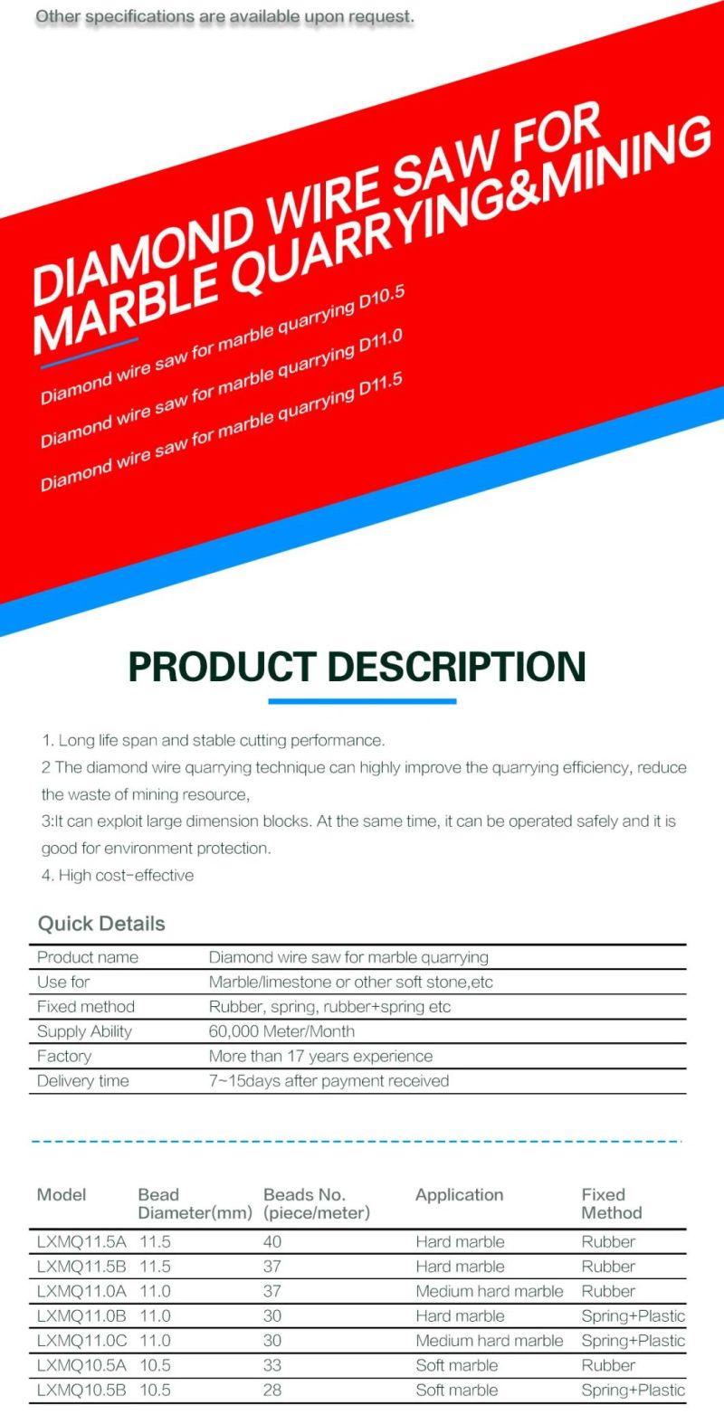 Top Level High Quality 11.5mm Rubber Diamond Wire Saw for Cutting Block with High Cost Effective