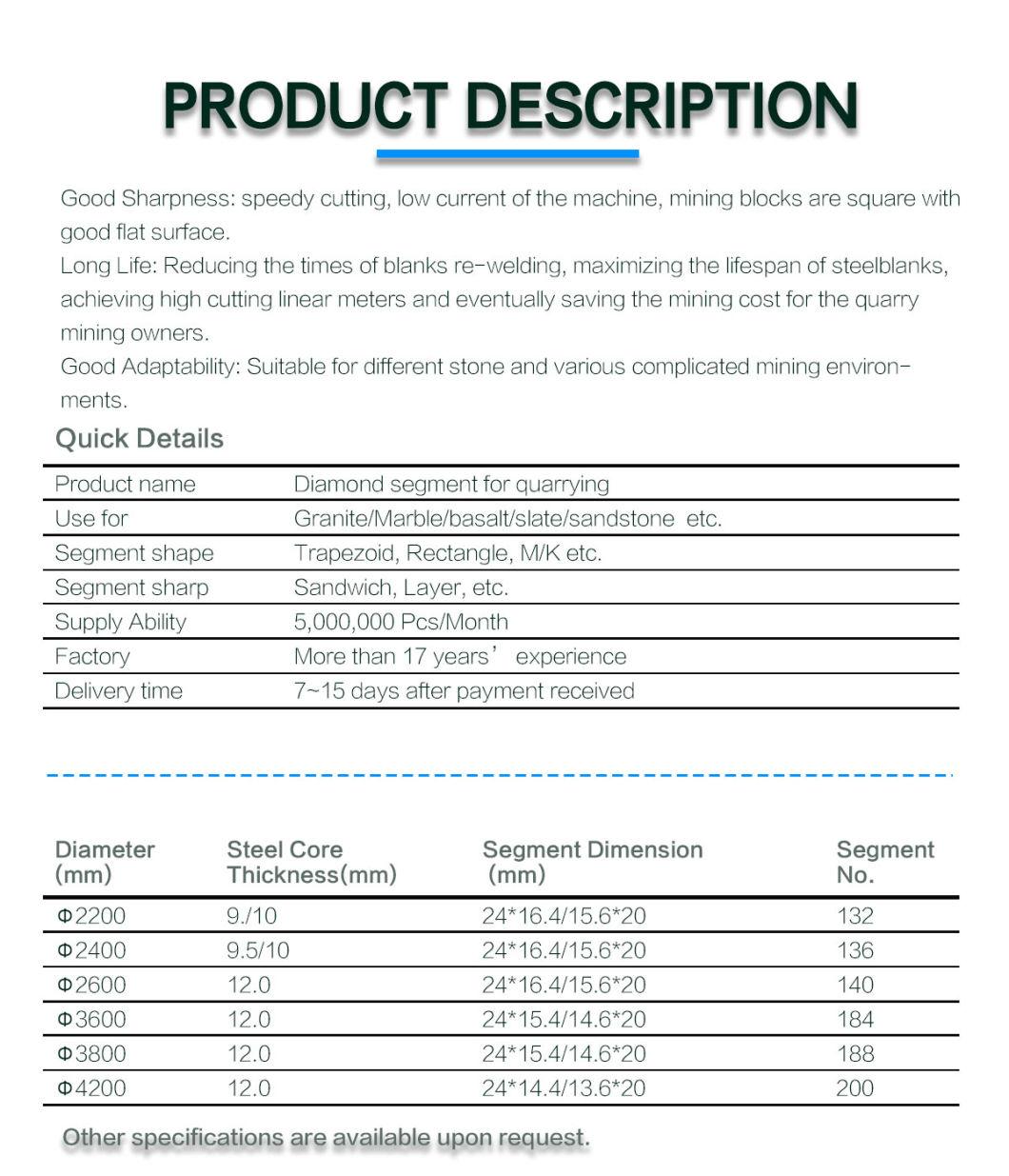 Stable Quality Performance Diamond Segment for Quarry with Smooth Cutting